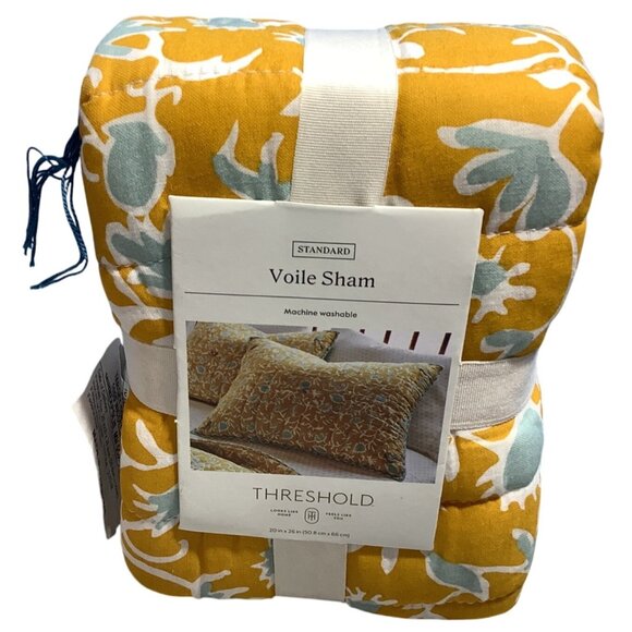 Threshold Standard Voile Sham Mustard Yellow Floral Pattern 20" x 26" - Picture 2 of 4